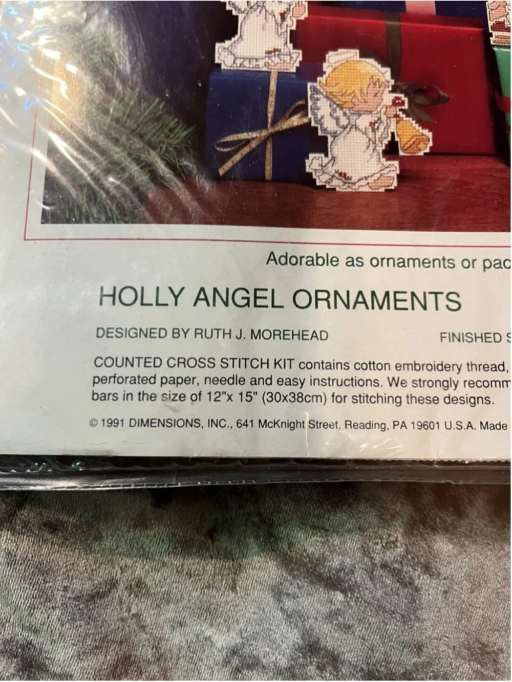 Sunset HOLLY ANGEL ORNAMENTS 1991 Perforated Paper Cross Stitch Kit Morehead
